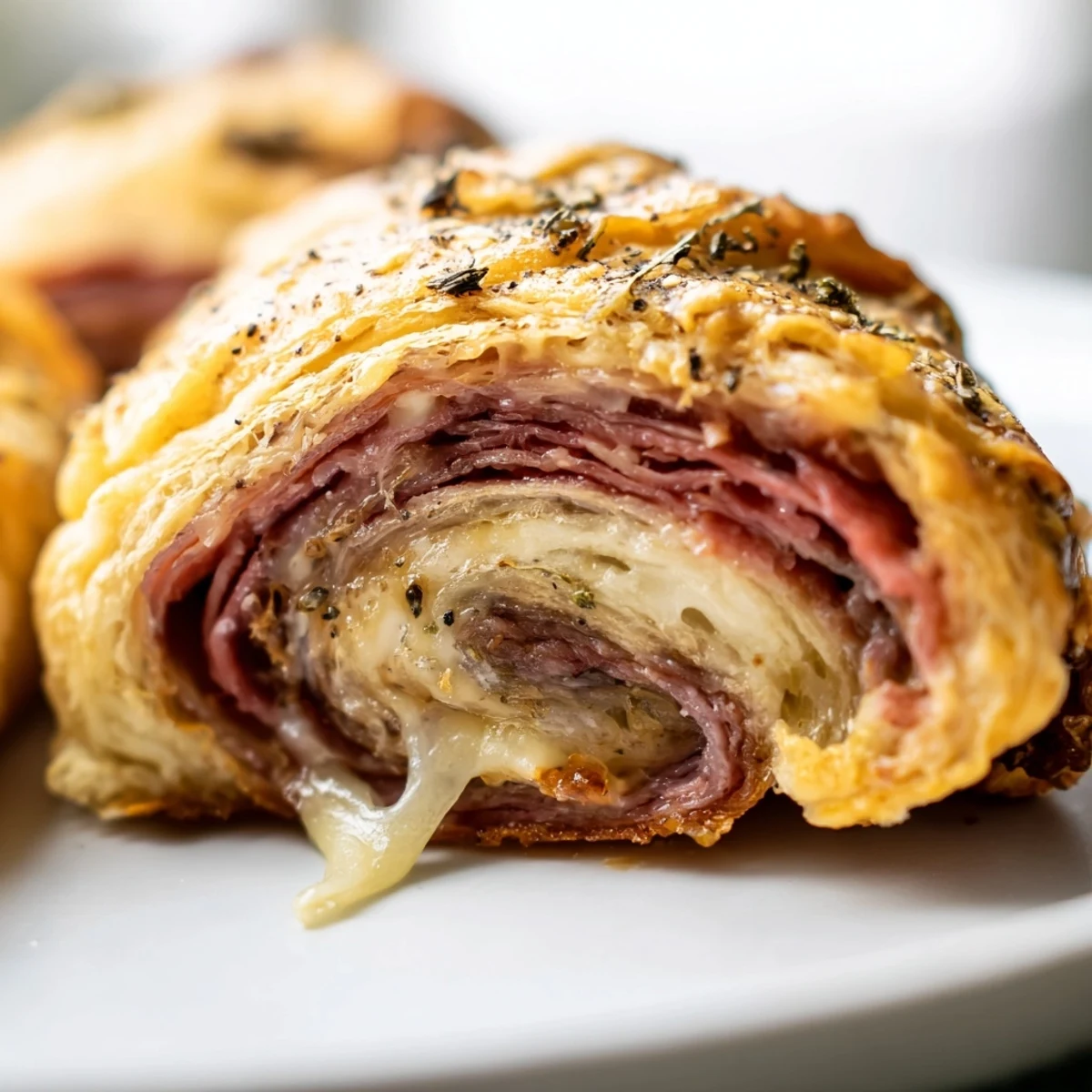 Warm crescent dough wrapped around tender Beef and Cheese French Dip Roll Ups oozing melted provolone cheese