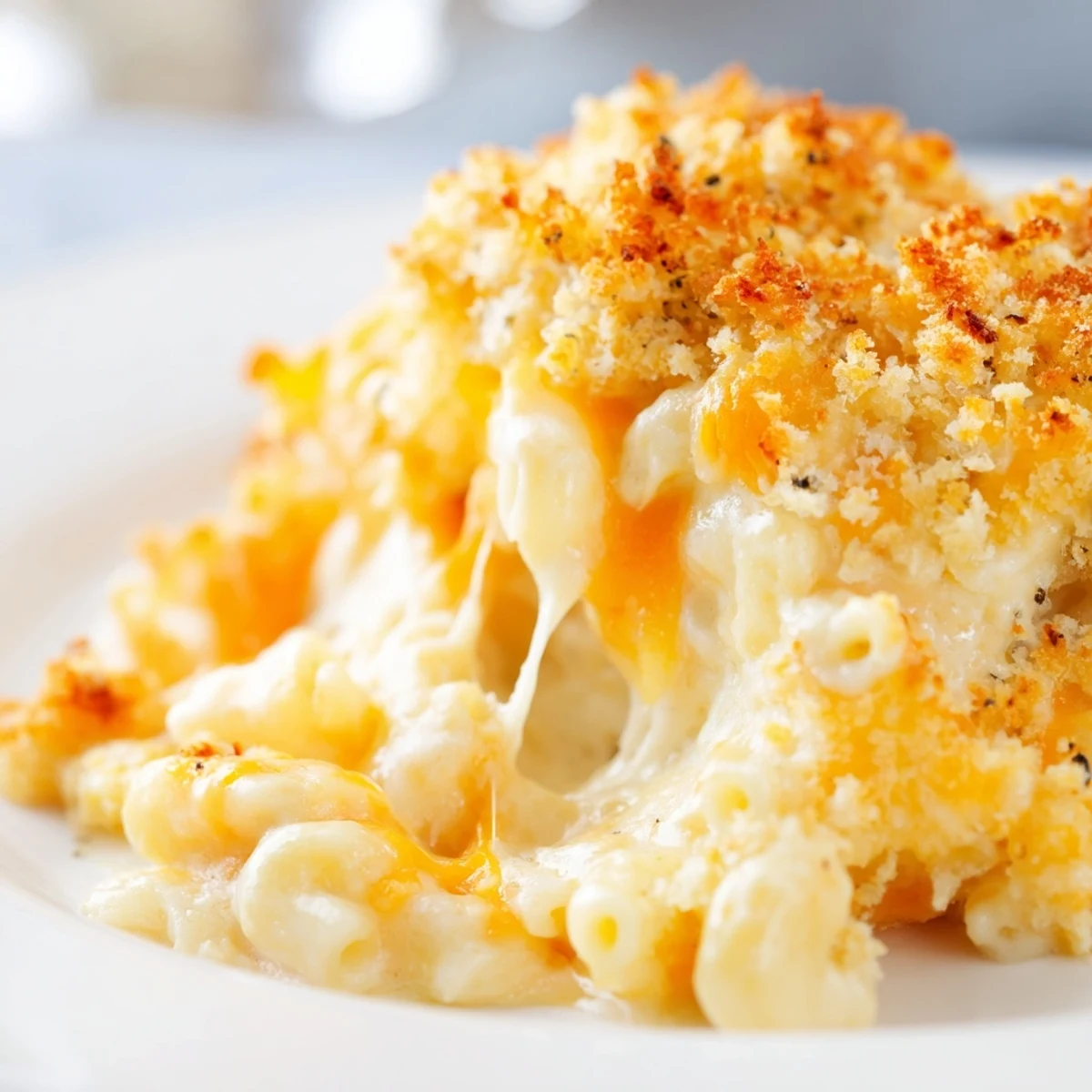 Golden bubbly three cheese baked macaroni with crispy panko topping fresh from the oven