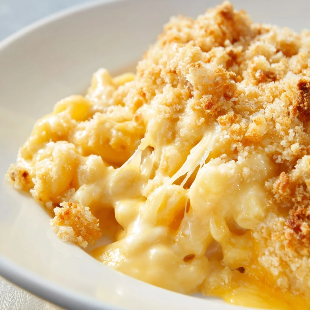 Creamy three cheese baked macaroni served steaming in a rustic white casserole dish