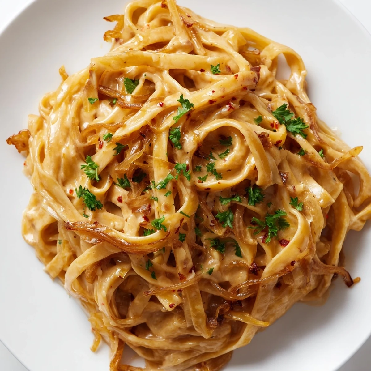 Creamy Sweet Heat Caramelized Onion Fettuccine topped with fresh parsley and Parmesan cheese