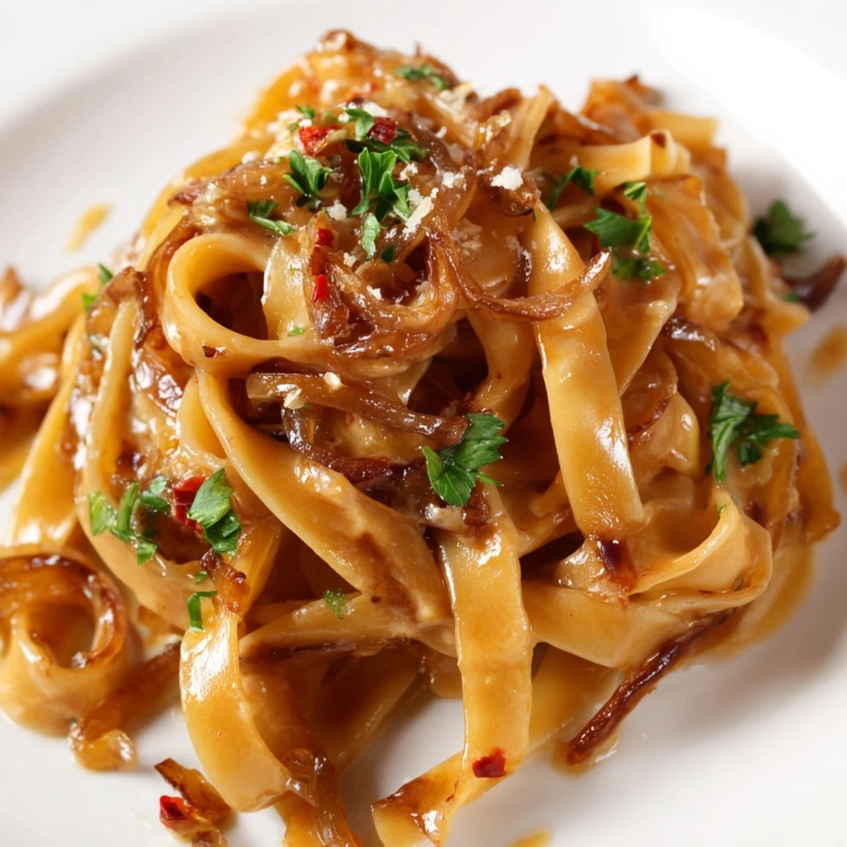 Golden caramelized onions coat Sweet Heat Caramelized Onion Fettuccine in a creamy, spicy sauce