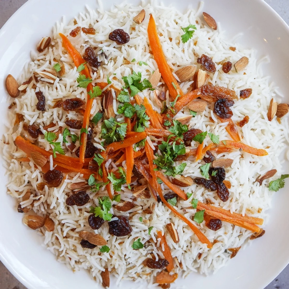 Golden Afghan rice topped with caramelized carrots, plump raisins, and fragrant warming spices.