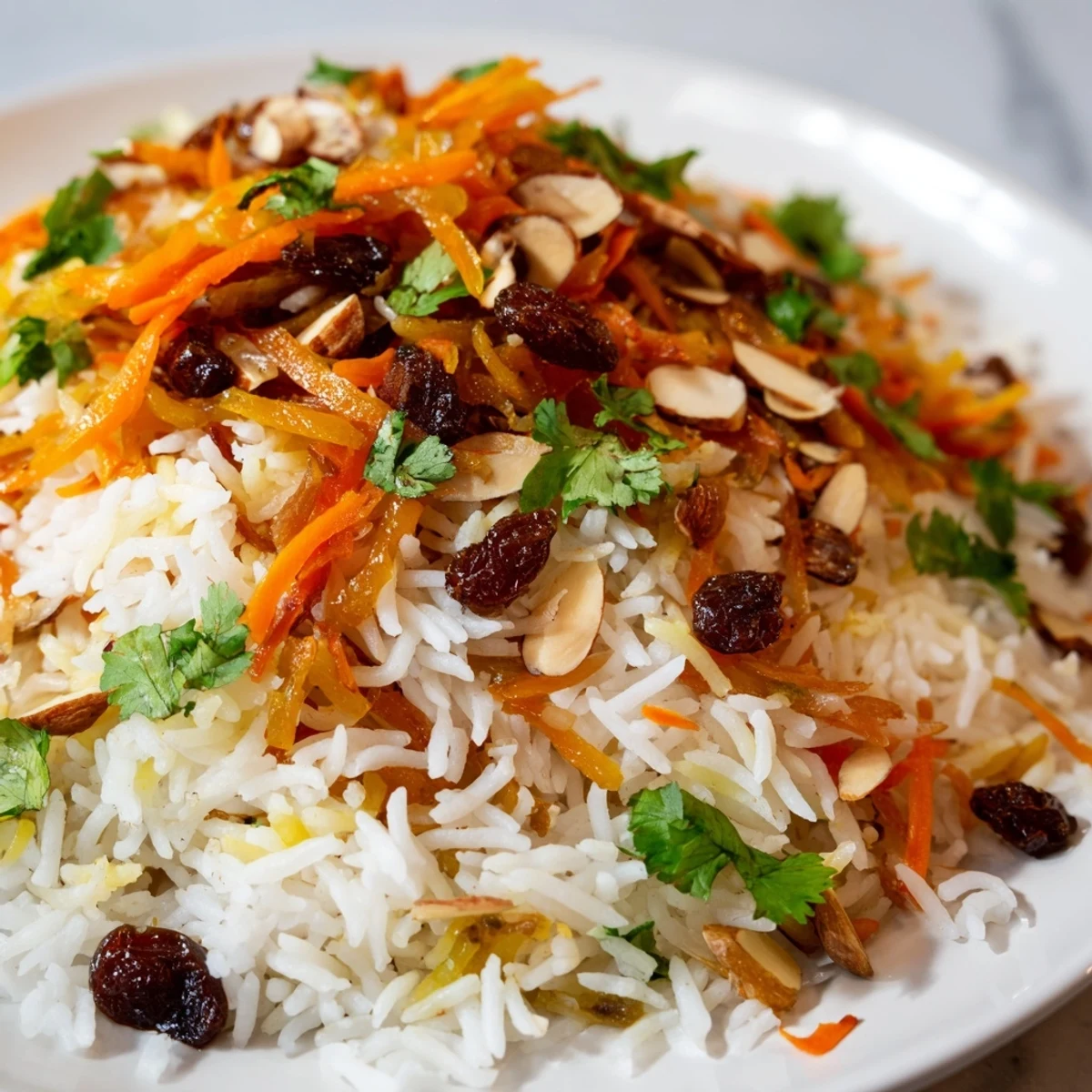 Fluffy Afghan rice studded with sweet raisins and toasted almonds in a decorative serving bowl.