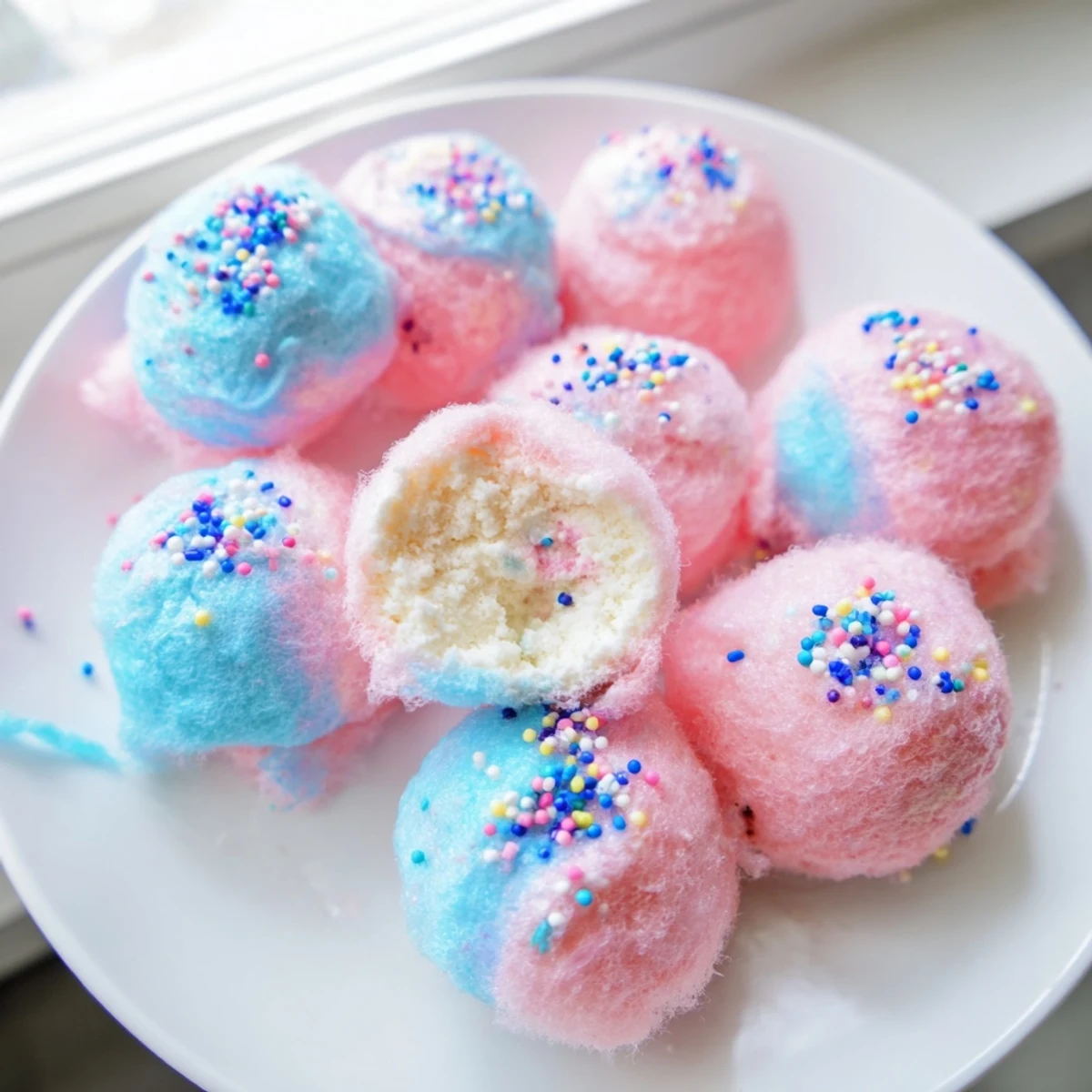 Mini cotton candy cheesecake puff balls dusted with colorful sprinkles on a festive dessert tray