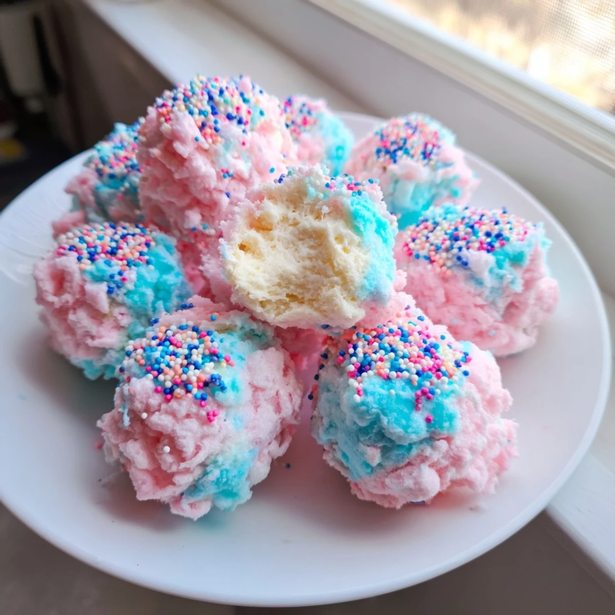 Creamy mini cotton candy cheesecake puff balls with pastel pink and blue fluffy swirls