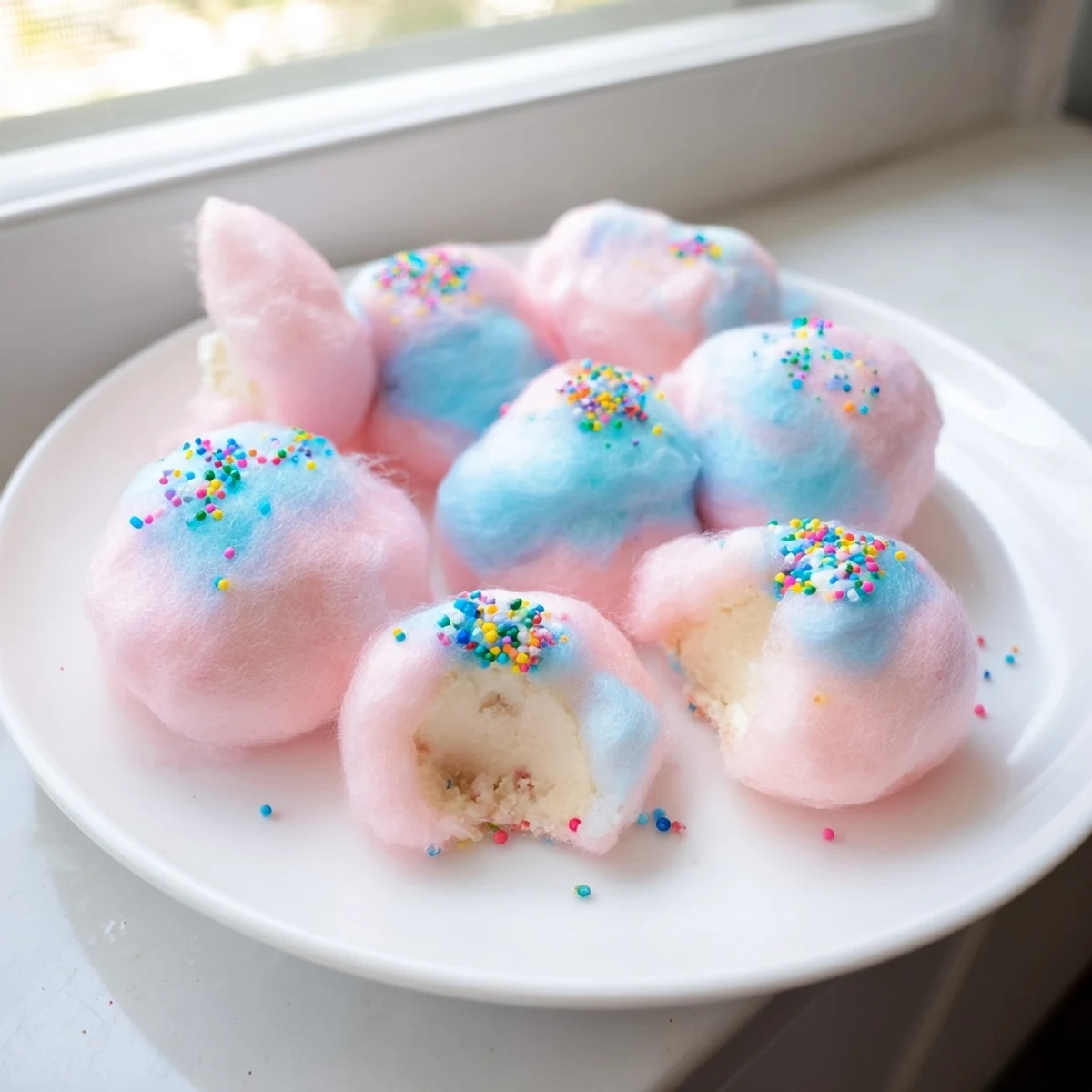 Bite-sized mini cotton candy cheesecake puff balls arranged on parchment paper ready for serving