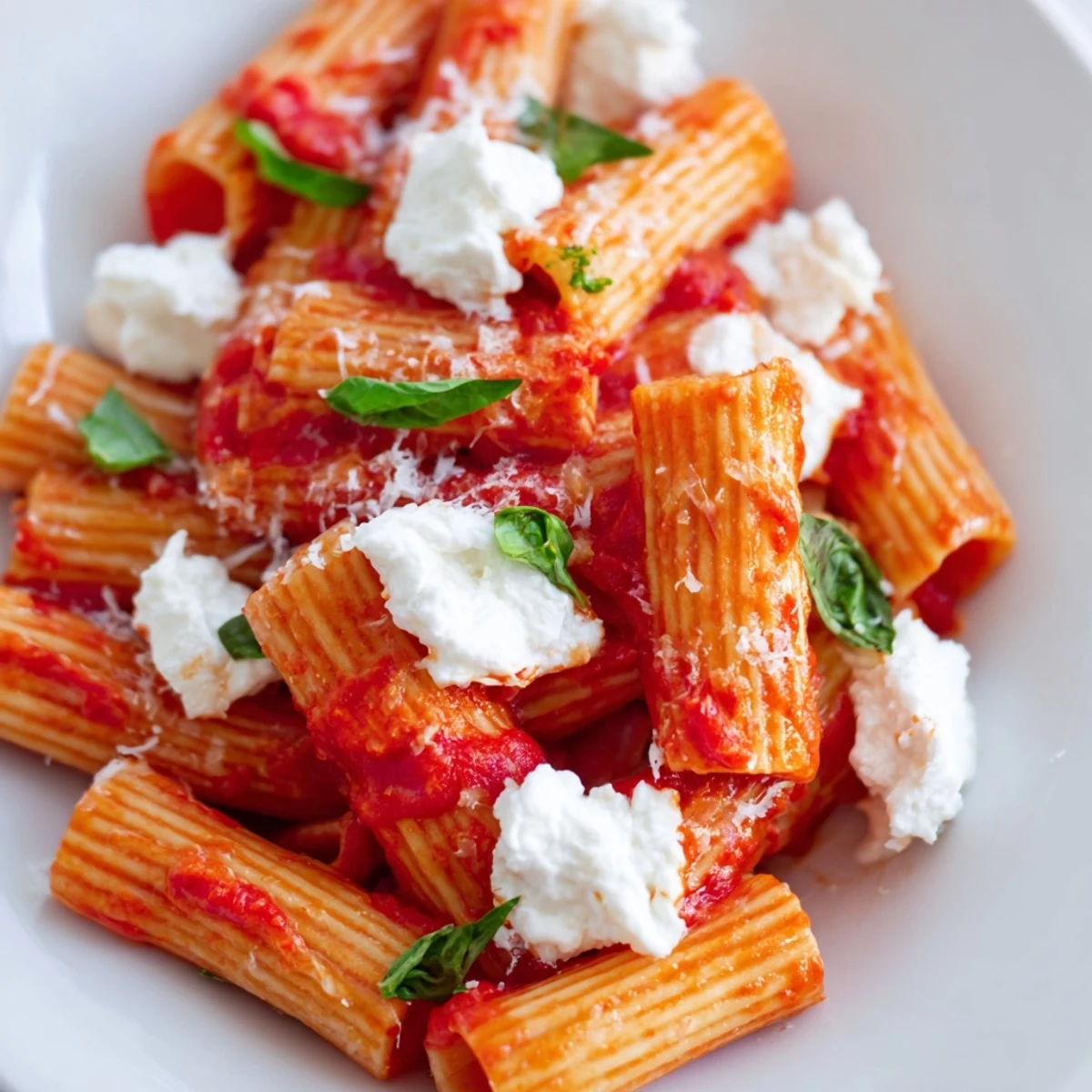 Creamy tomato garlic ricotta penne topped with fresh basil and parmesan cheese