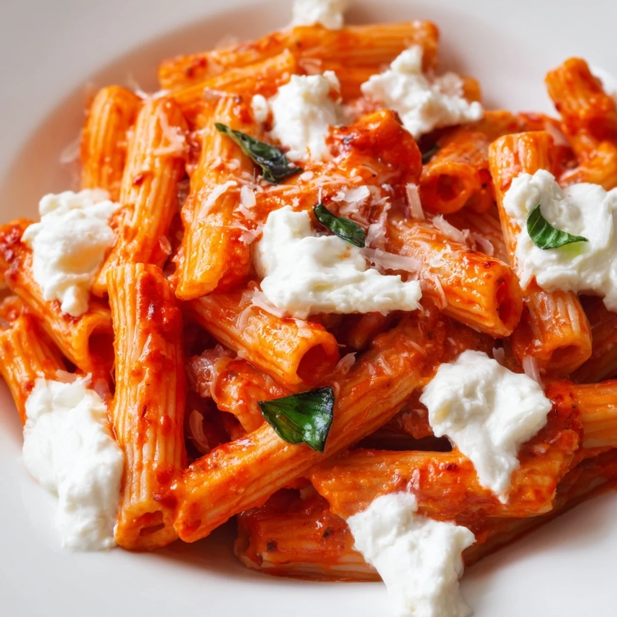 Tender penne coated in rich garlic tomato sauce with dollops of fluffy ricotta