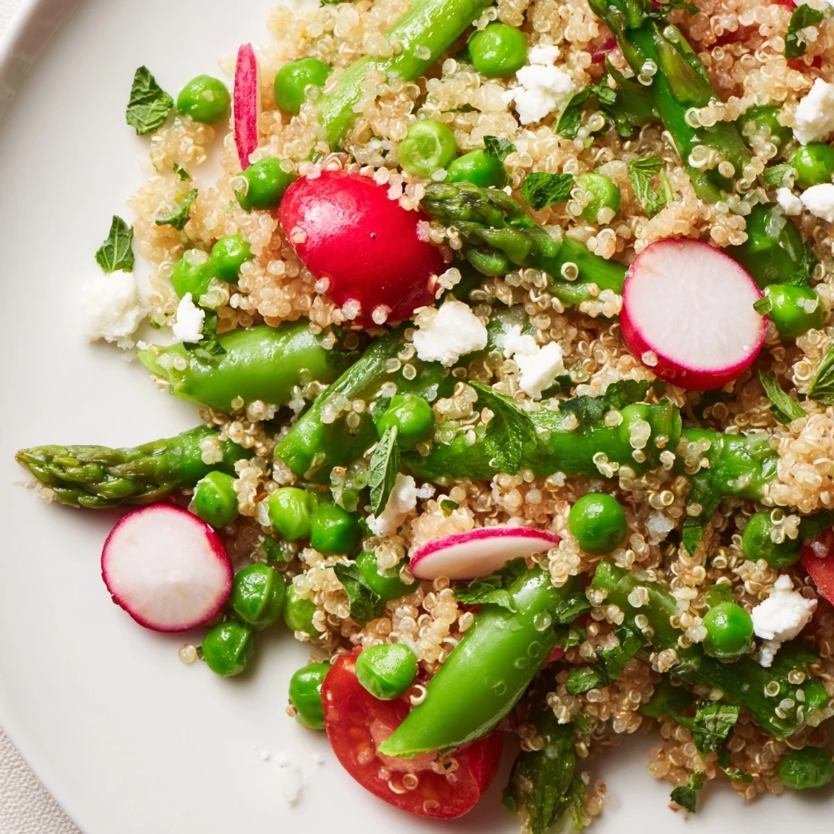 Spring Vegetable Quinoa Salad in a white bowl with crisp asparagus, radishes, and fresh herbs