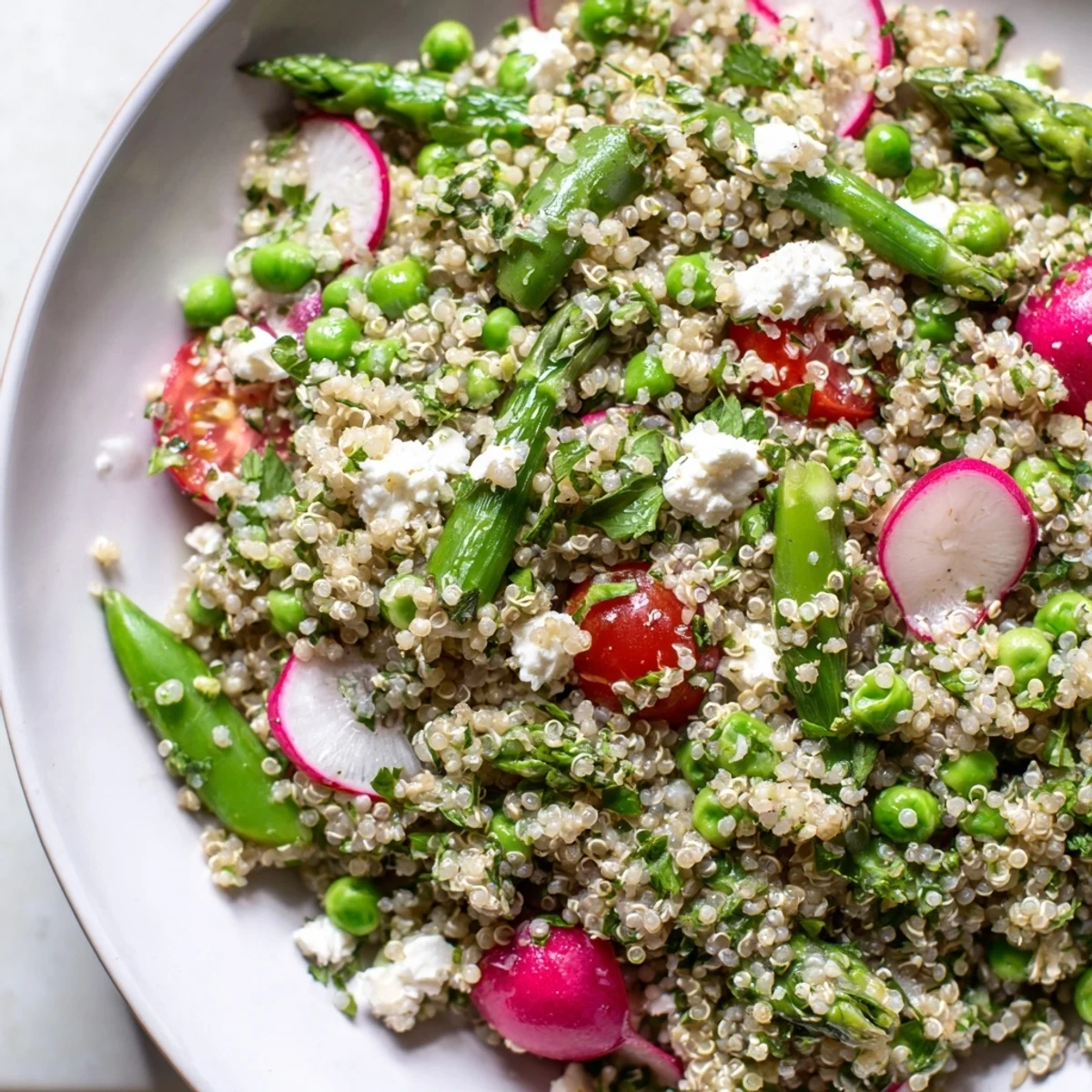 Colorful Spring Vegetable Quinoa Salad topped with crumbled feta cheese and zesty lemon vinaigrette