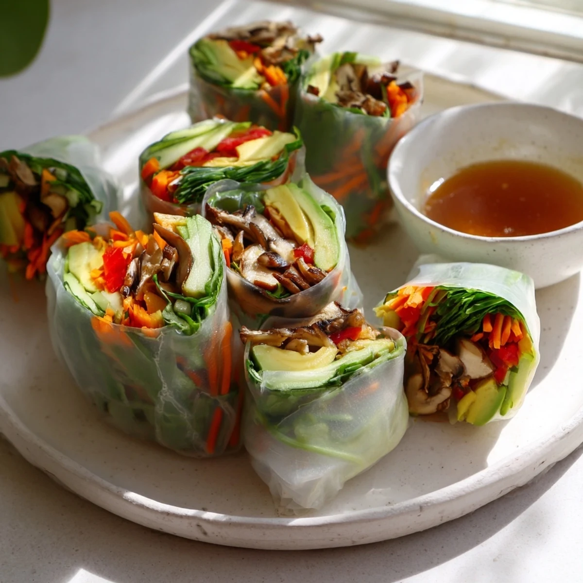 Avocado shiitake spring rolls wrapped in translucent rice paper with colorful fresh vegetables