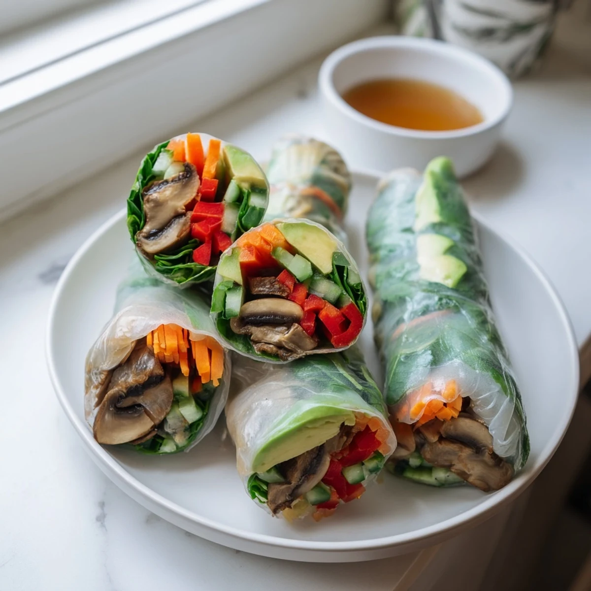 Creamy avocado shiitake spring rolls filled with crisp vegetables and fresh herbs on a plate