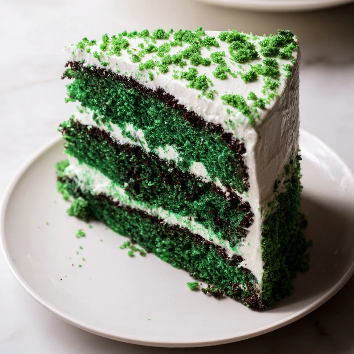 Vibrant green velvet cake with fluffy cream cheese frosting on a decorative cake stand