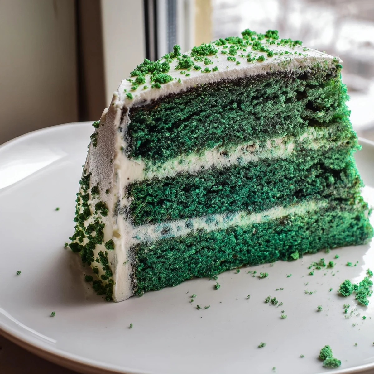 Emerald green velvet cake layers stacked with tangy cream cheese frosting between