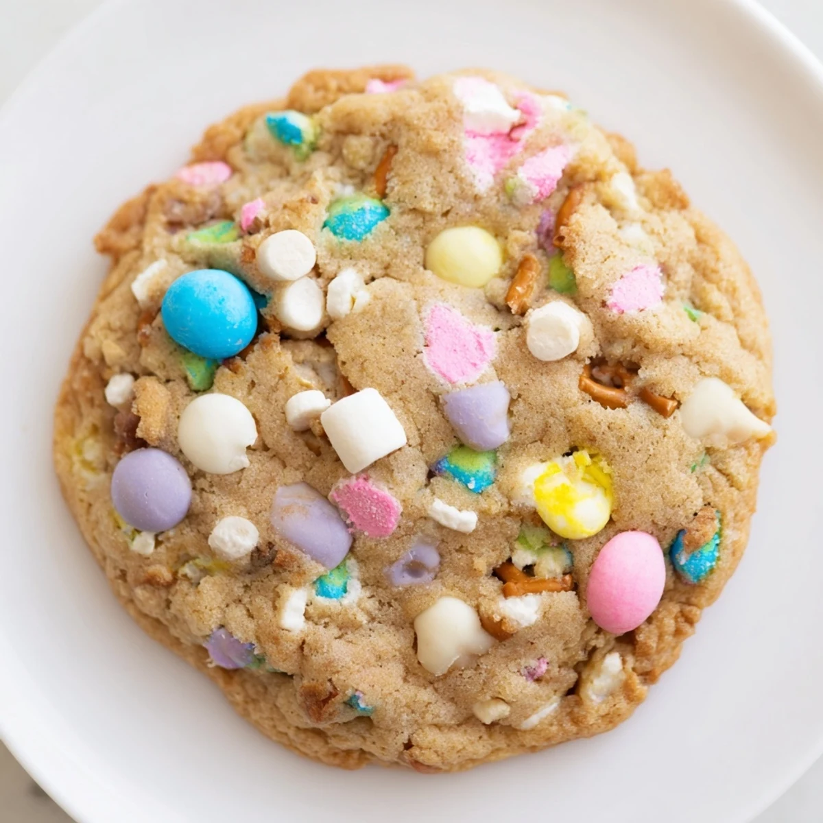 Colorful Easter Trash Cookies loaded with pastel candies pretzels and sprinkles on a rustic baking sheet