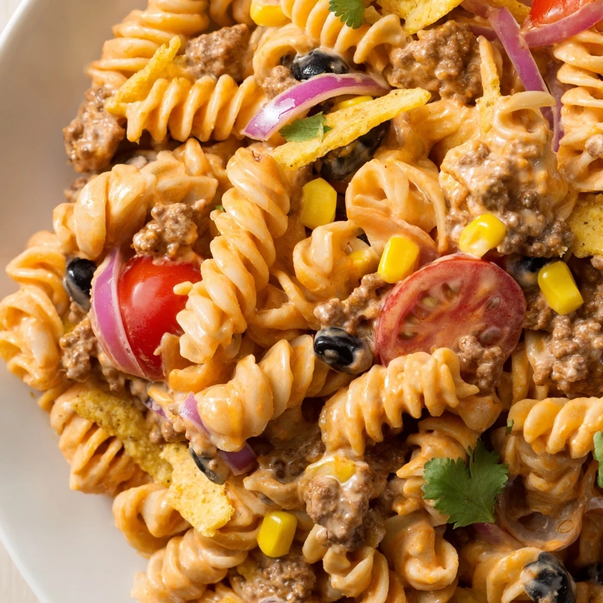 Colorful taco pasta salad in a serving bowl with tomatoes, corn, black beans, and shredded cheddar cheese