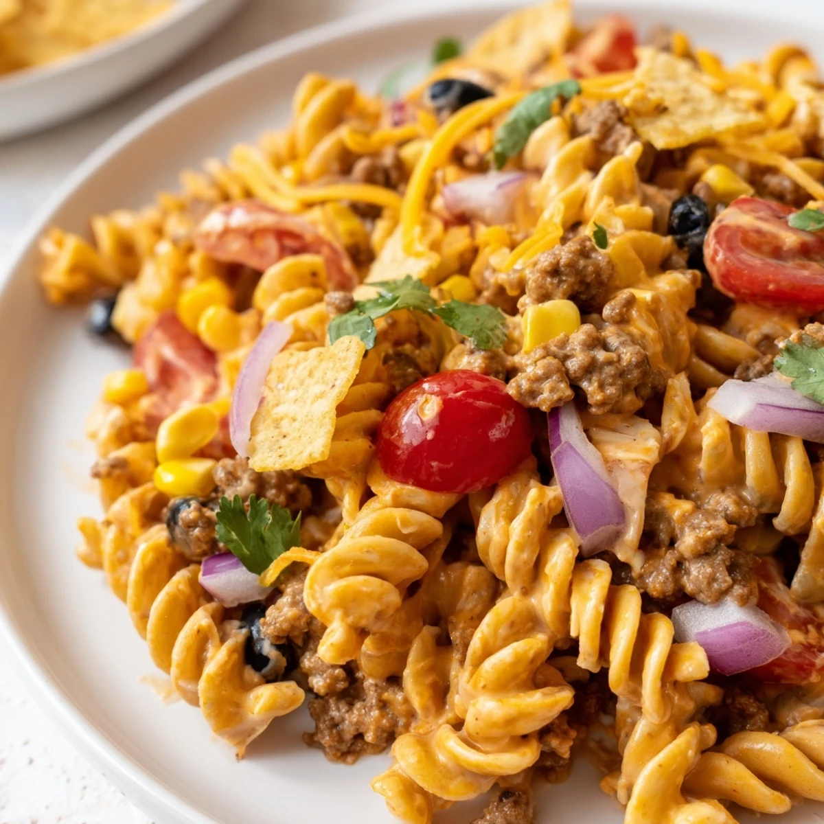 Creamy taco pasta salad topped with crushed tortilla chips and fresh cilantro on a rustic table