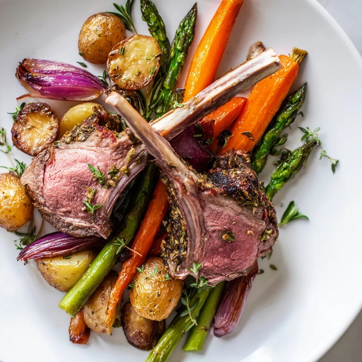 Tender rosemary lamb chops nestled among roasted carrots and potatoes for easy Easter dinner