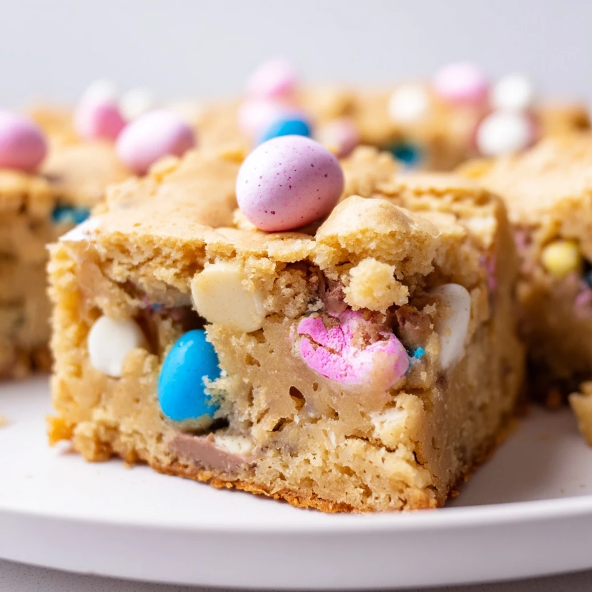 Chewy mini Cadbury Easter egg blondies topped with colorful candy-coated chocolate eggs on a rustic cutting board