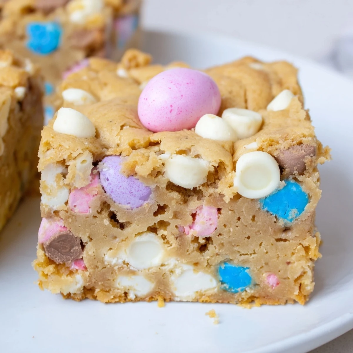Golden mini Cadbury Easter egg blondies studded with chocolate chips and pastel candy eggs sliced into squares