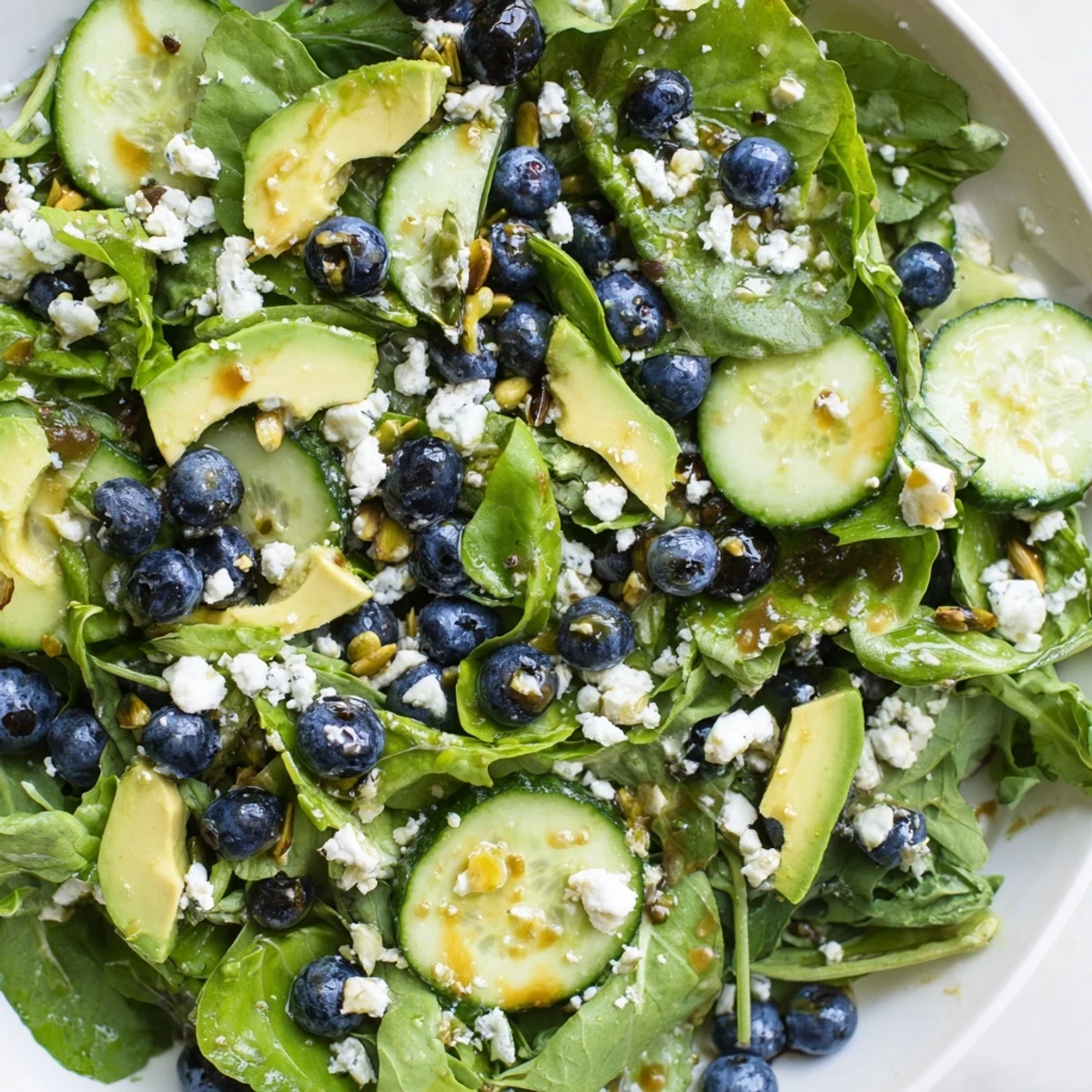 Fresh Blueberry Pistachio Spring Salad topped with creamy feta and zesty citrus dressing