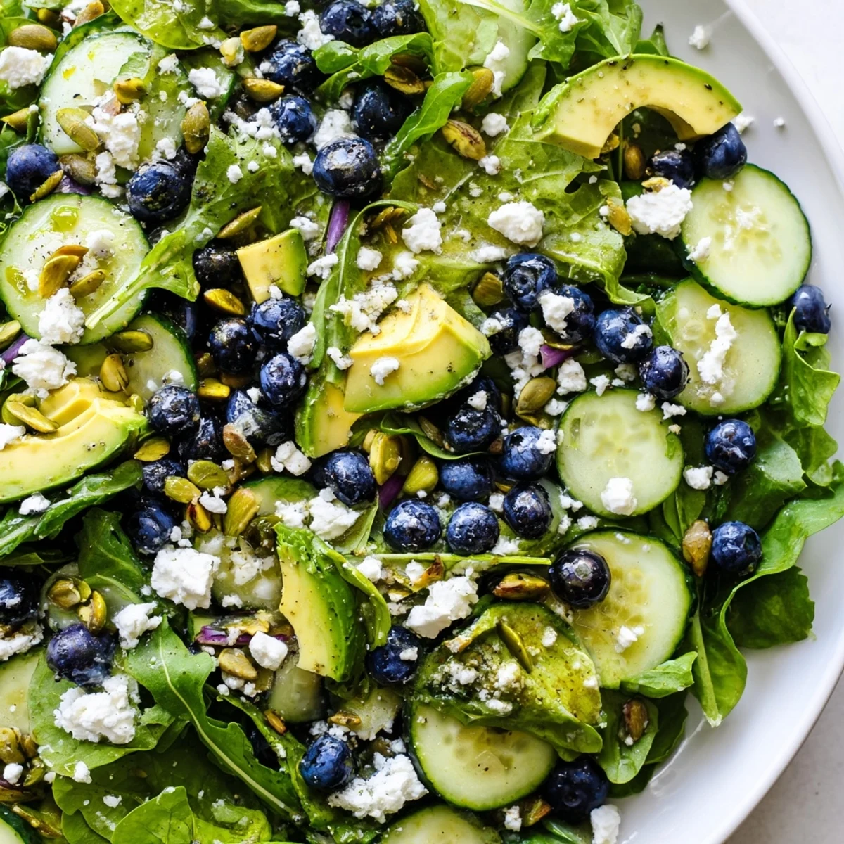 Crisp spring greens loaded with juicy blueberries crunchy pistachios and tangy feta cheese