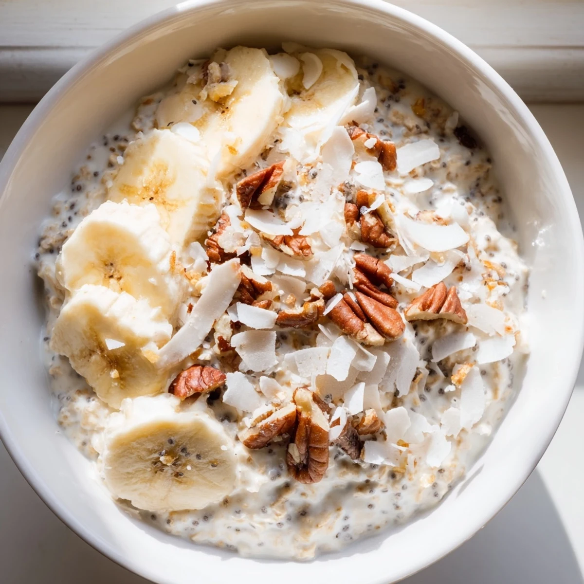 Creamy coconut cream pie overnight oats topped with toasted coconut and pecans in a mason jar