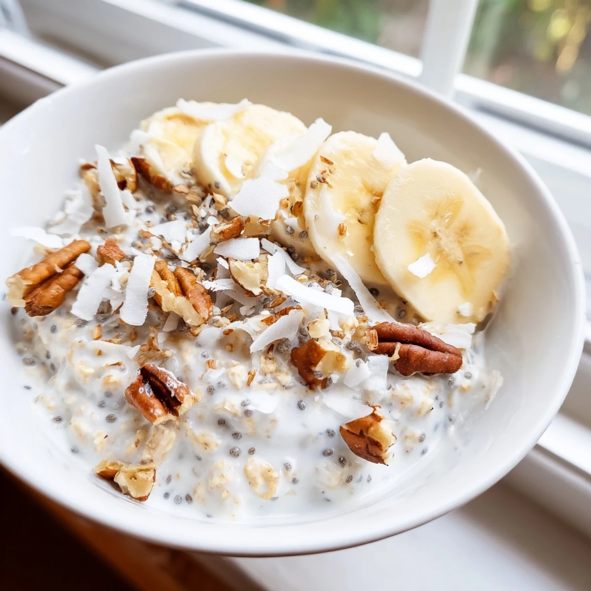 A scoop of coconut cream pie overnight oats served chilled with fresh banana slices