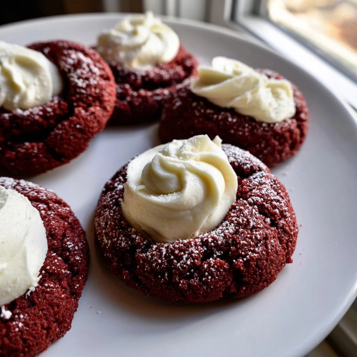 Red velvet thumbprint cookies with creamy cheesecake filling on a parchment-lined baking sheet