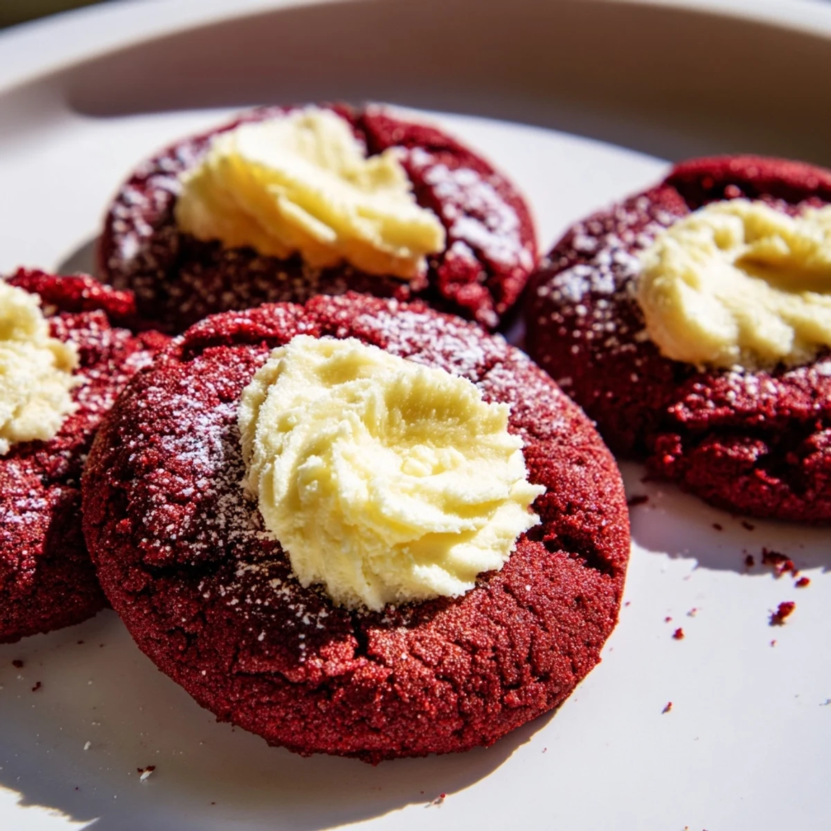 Glossy red velvet thumbprint cookies topped with swoops of vanilla cream cheese filling