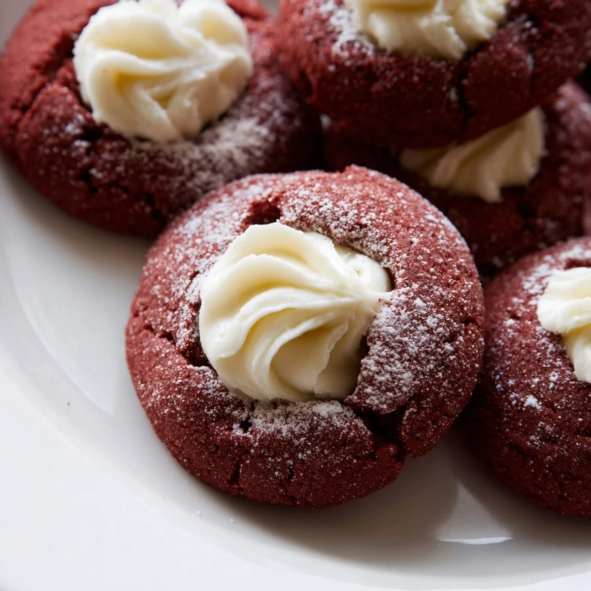 Bright red velvet thumbprint cookies cooling on a wire rack with soft centers
