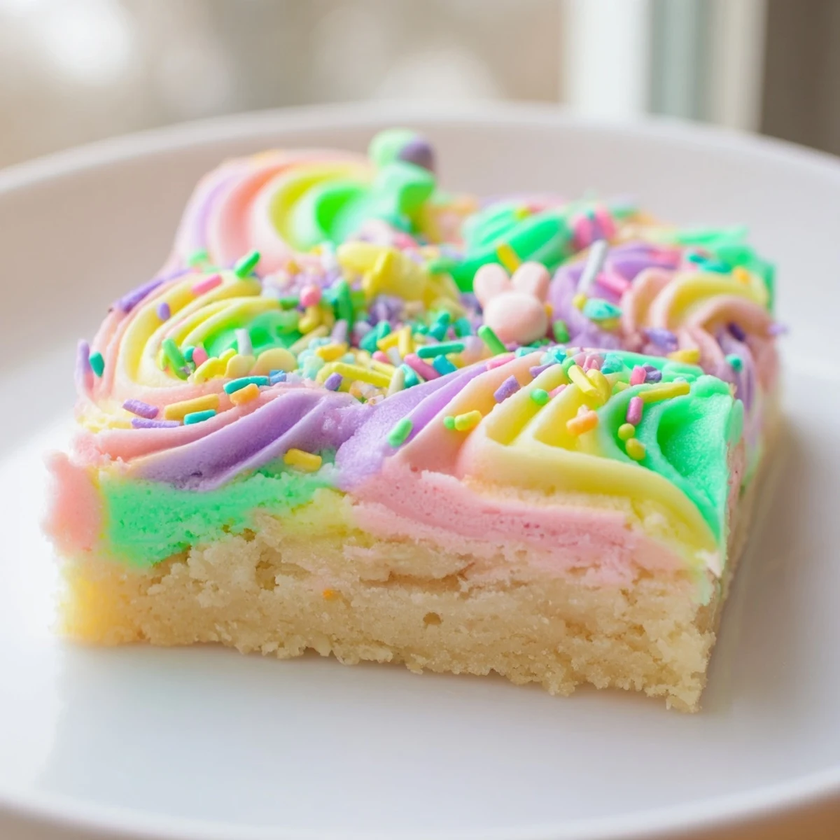 Soft Easter sugar cookie bars with swirled pastel frosting and rainbow sprinkles on a white platter