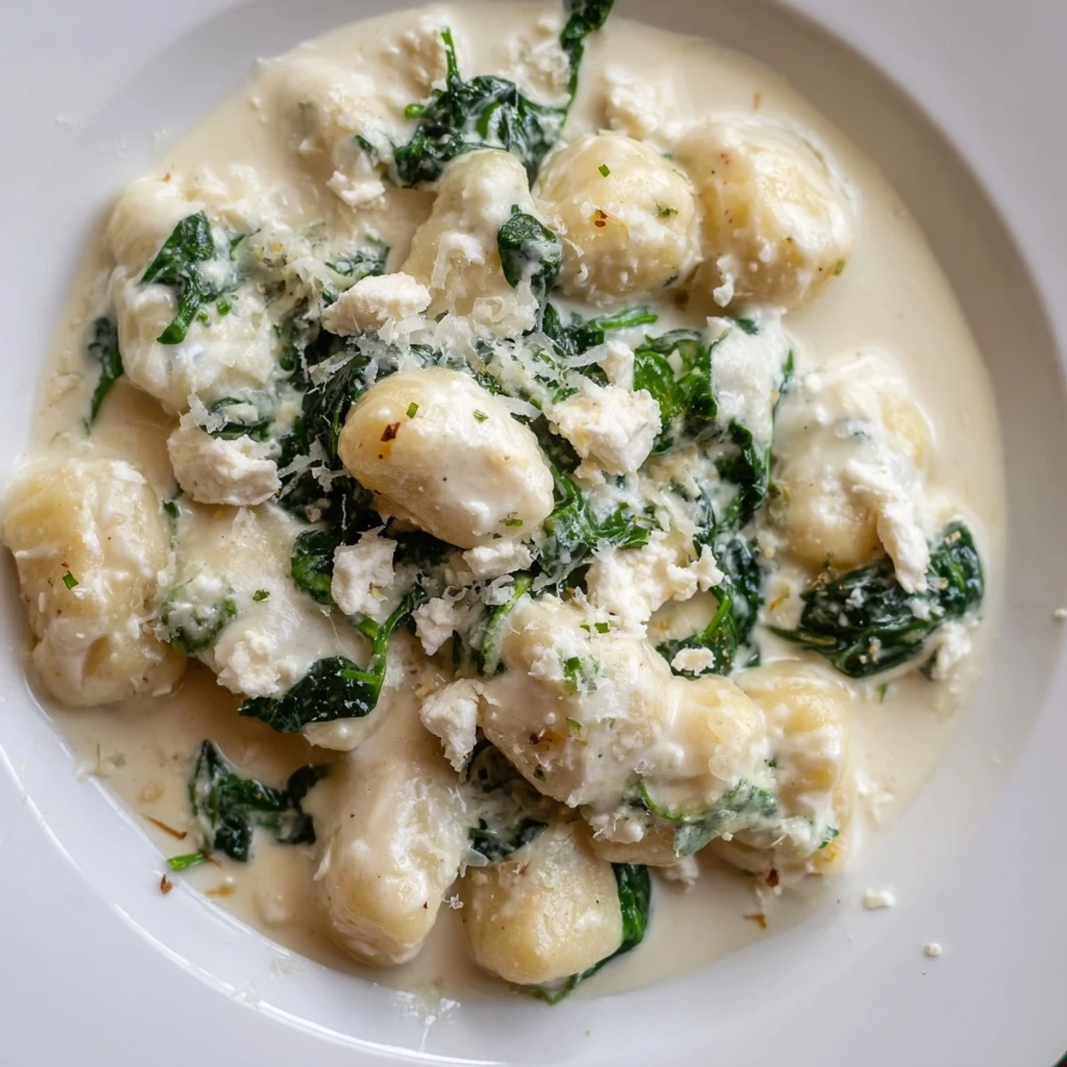 Creamy gnocchi with spinach and feta served in a white bowl with fresh garnish