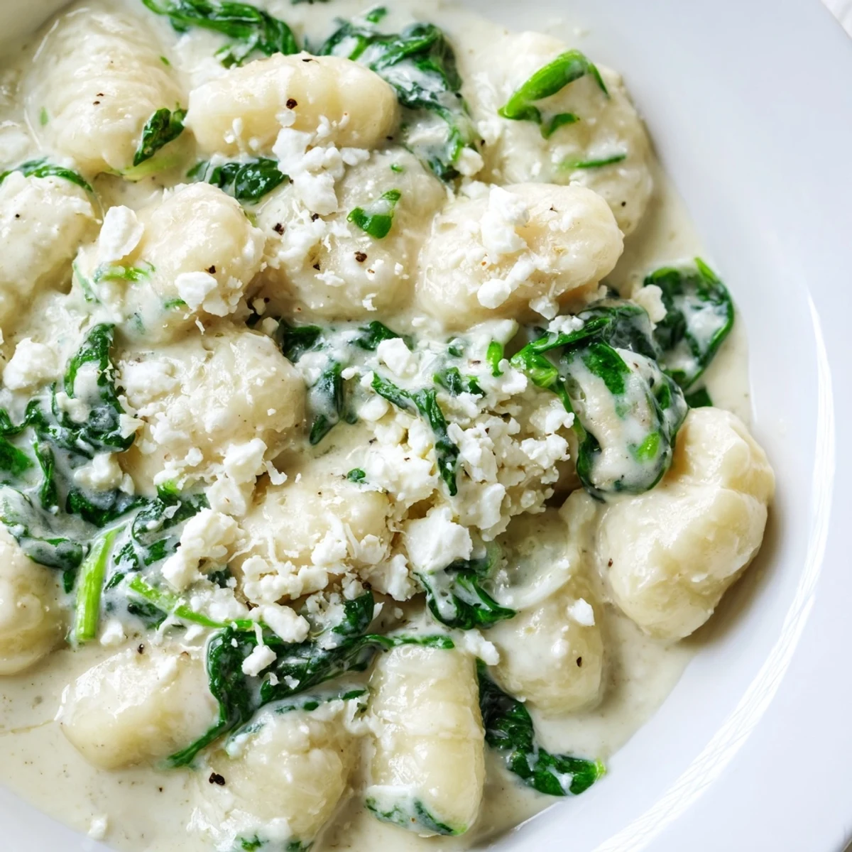 Soft potato gnocchi with spinach and feta glistening in rich velvety white sauce