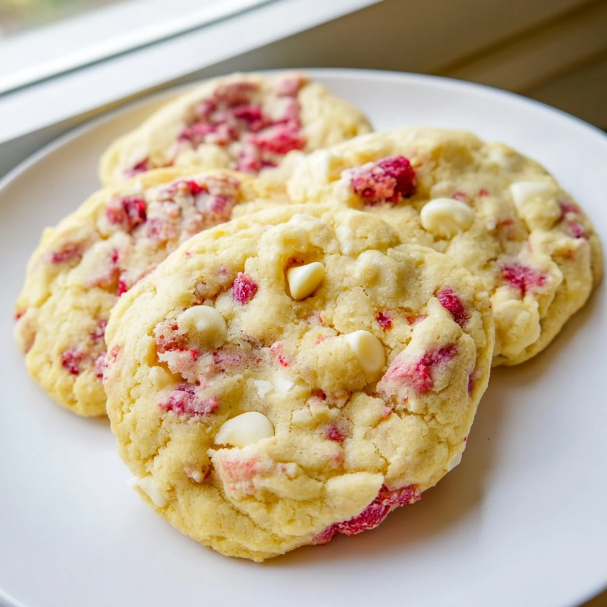 Soft Lemon Raspberry Cookies with golden edges and ruby berries on rustic baking sheet