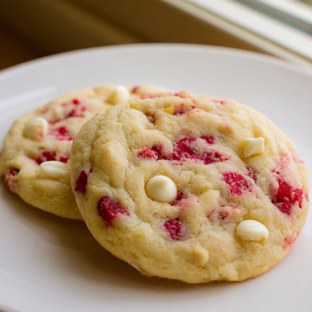 Chewy Lemon Raspberry Cookies topped with melted white chocolate chips and zest