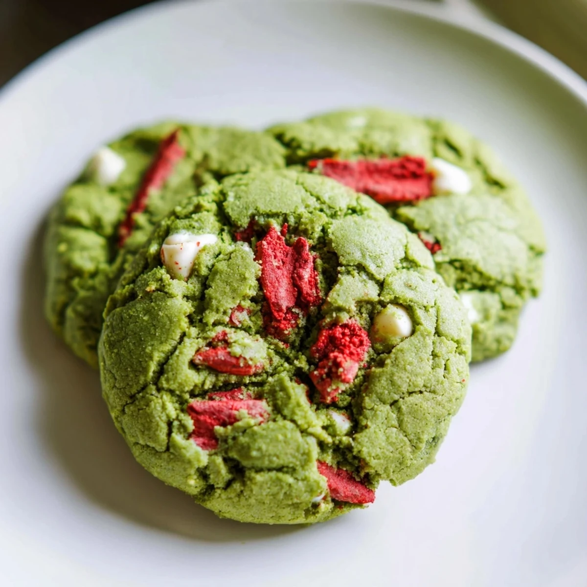 Soft green strawberry matcha cookies with red fruit pieces scattered on a rustic baking sheet