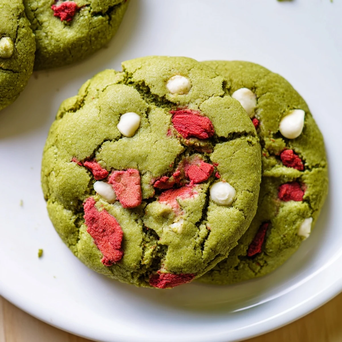 Chewy strawberry matcha cookies with speckled white chocolate chips arranged on a white ceramic plate