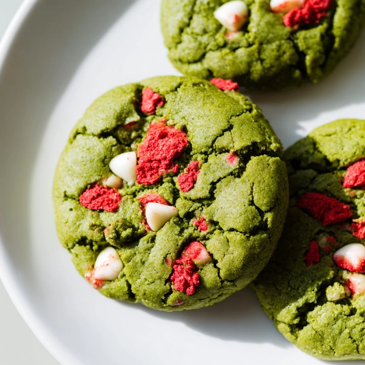 Freshly baked strawberry matcha cookies with cracked tops and vibrant red freeze-dried strawberry bits visible