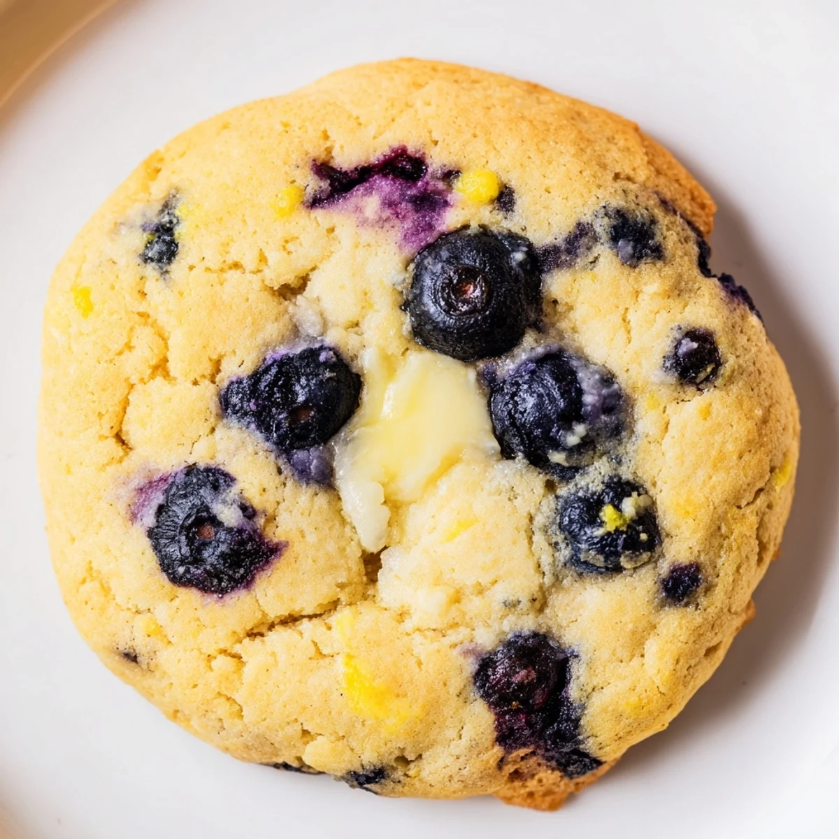 Soft Lemon Blueberry Cheesecake Cookies with golden edges on a rustic white plate