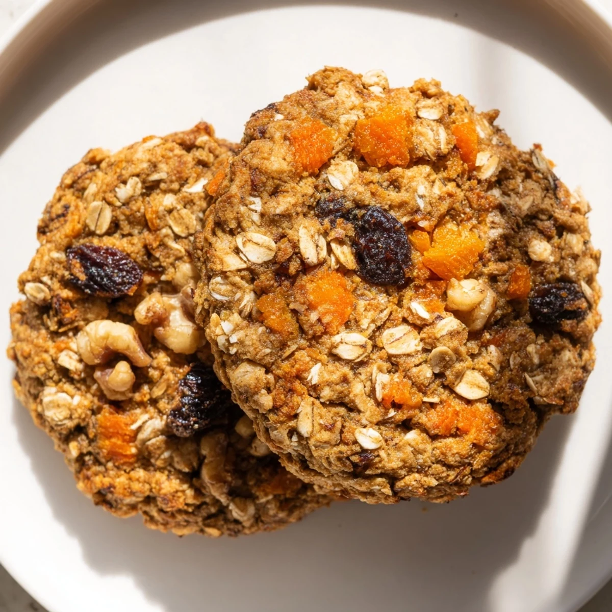 Soft chewy carrot cake cookies with visible carrot bits and toasted walnuts scattered throughout
