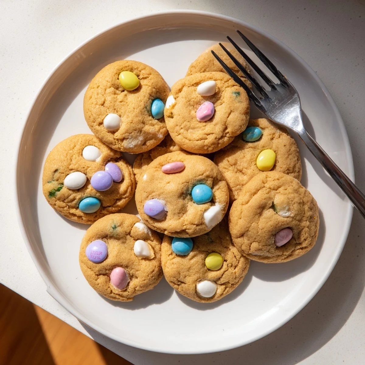 Soft M&M bunny cookies with colorful pastel candies scattered on a rustic white baking sheet