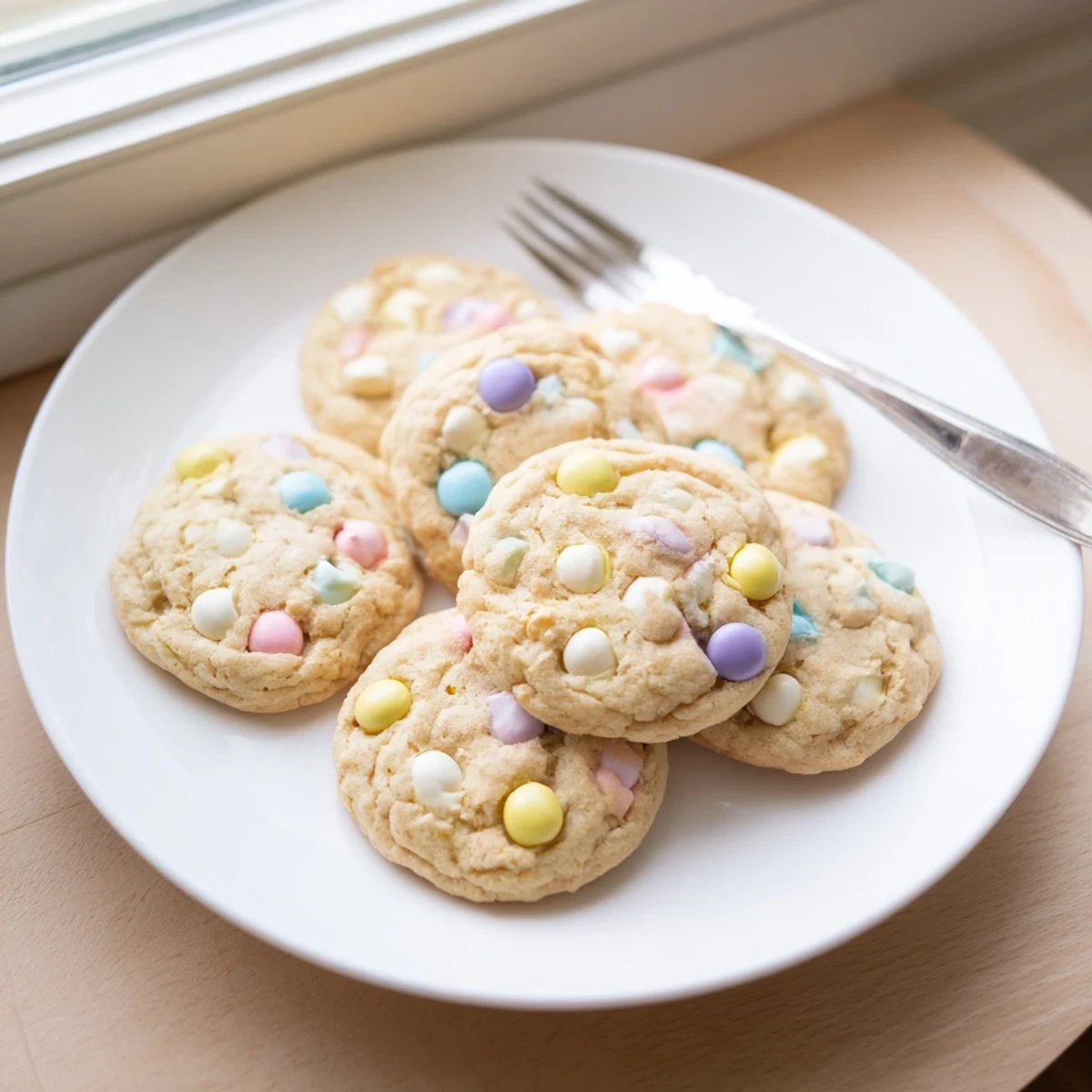 Chewy M&M bunny cookies arranged on a cooling rack with vibrant Easter-colored chocolate candies