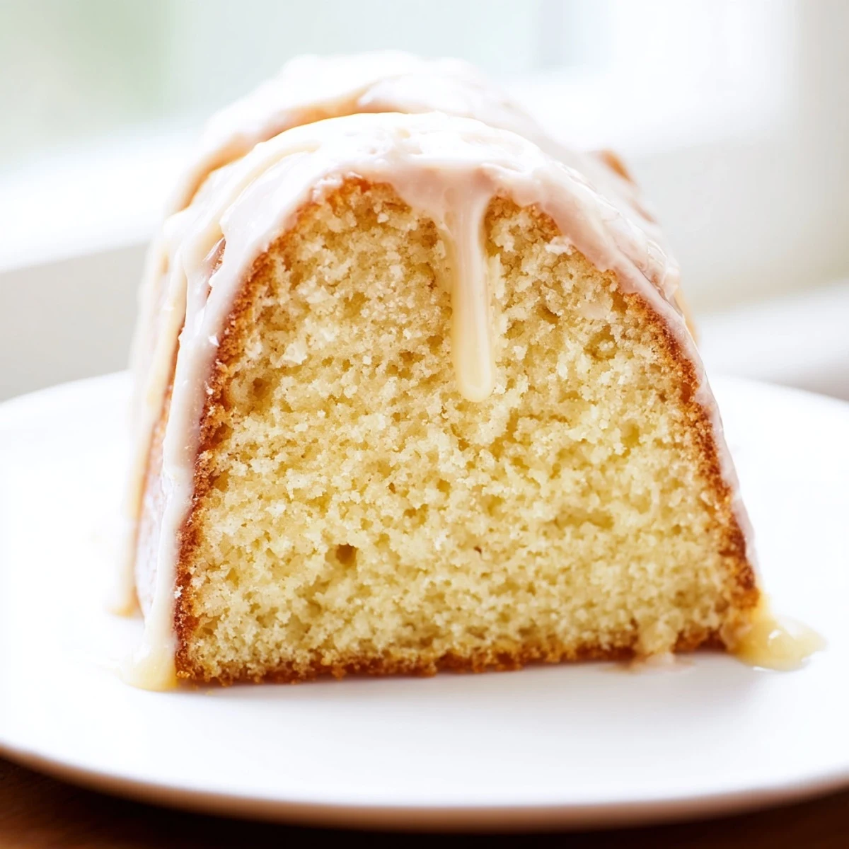 Classic Church Cake slice showing fluffy vanilla crumb topped with sweet powdered sugar glaze