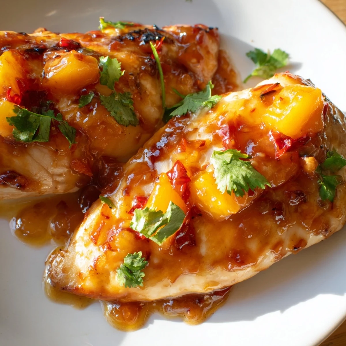 Golden seared jalapeno peach chicken glazed with glossy sweet-spicy sauce in cast iron skillet