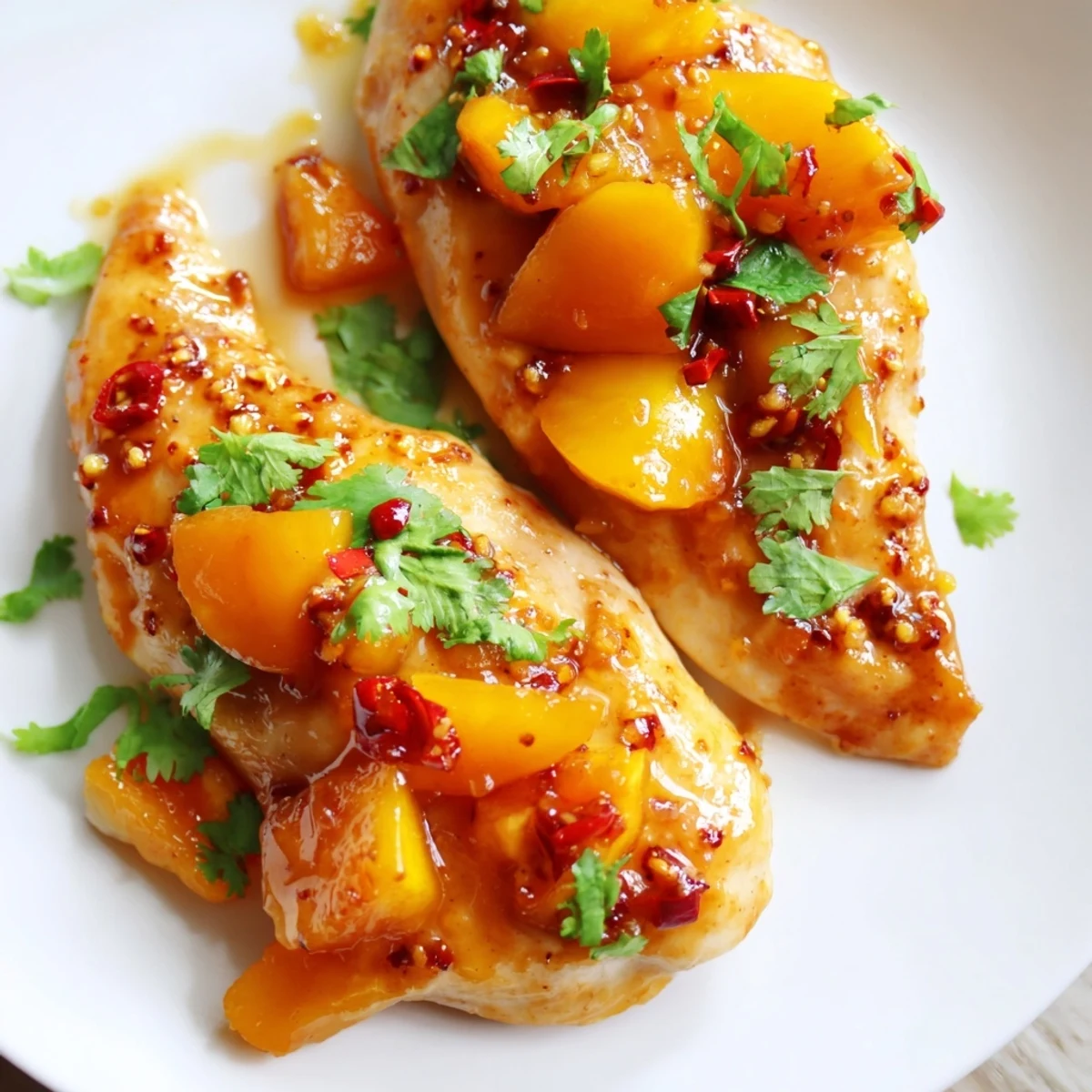 Juicy jalapeno peach chicken topped with fresh herb garnish and caramelized peach slices