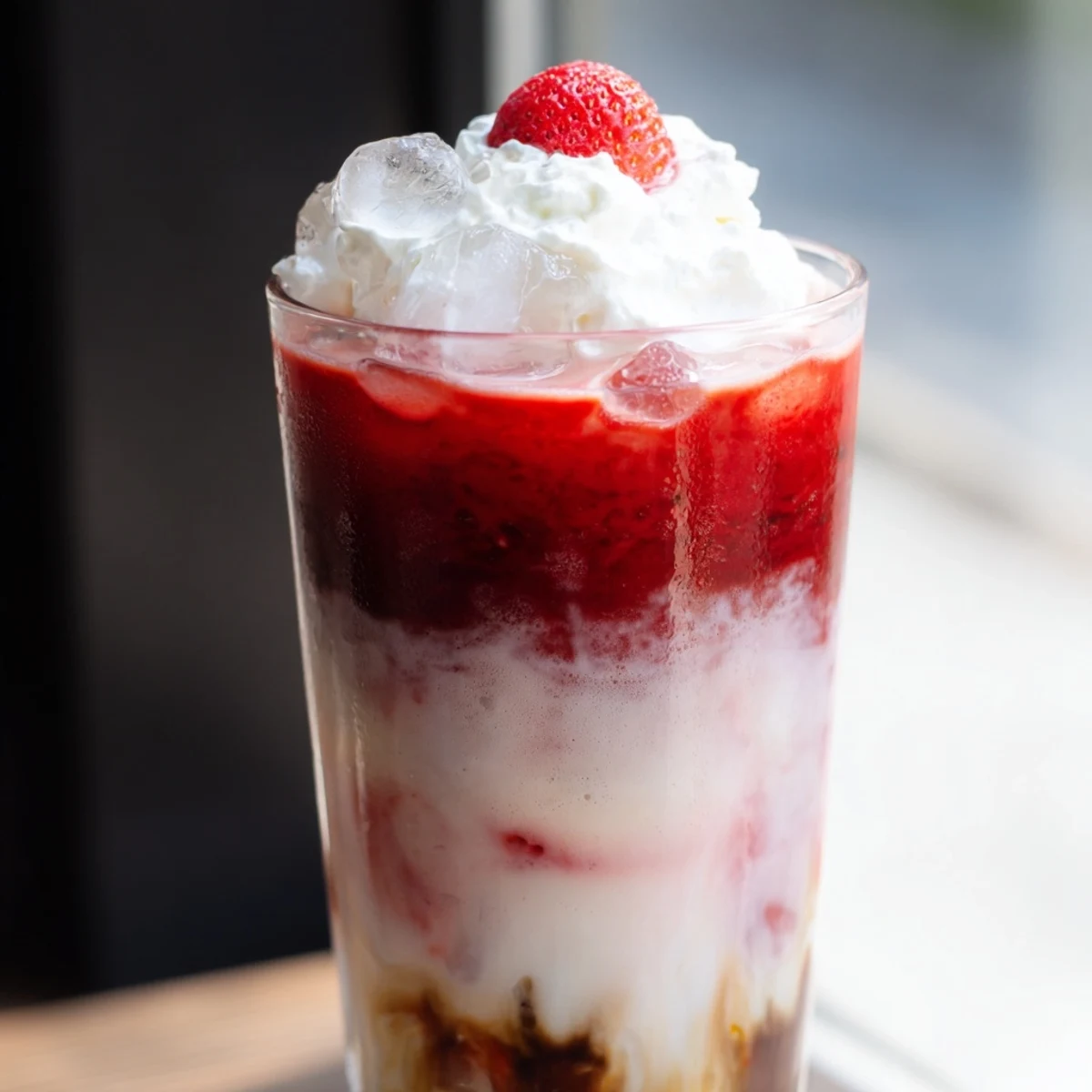 Creamy strawberry cold latte in a tall glass topped with fluffy whipped cream and fresh berry garnish