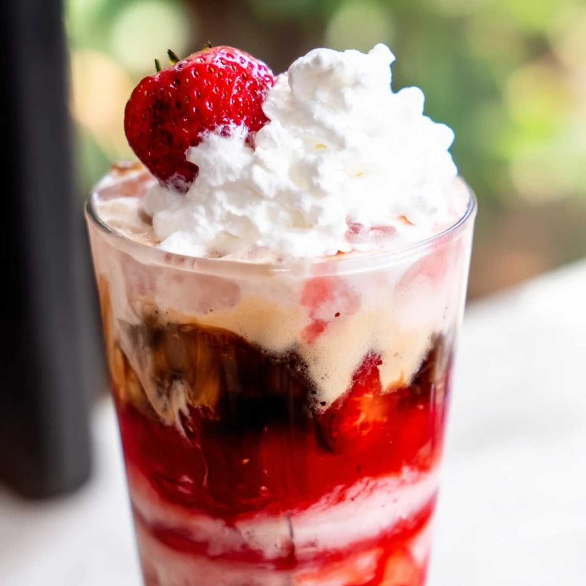 Iced strawberry cream latte with swirled pink layers and cold brew coffee over cracked ice cubes