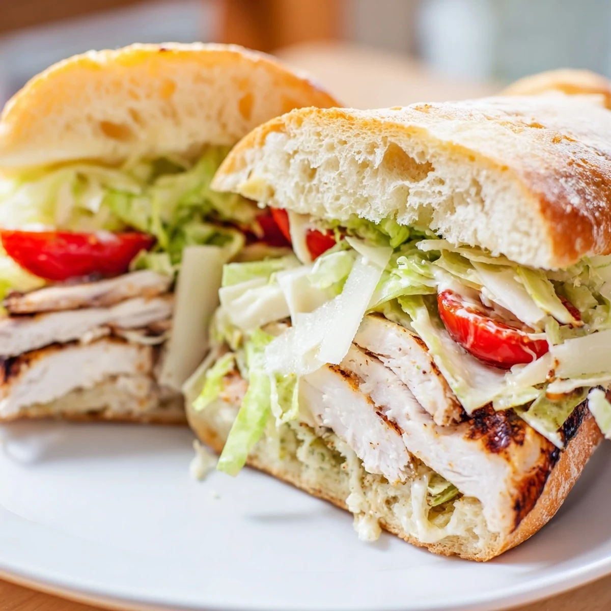 Grilled chicken Caesar sandwich with crisp romaine and Parmesan on golden toasted ciabatta