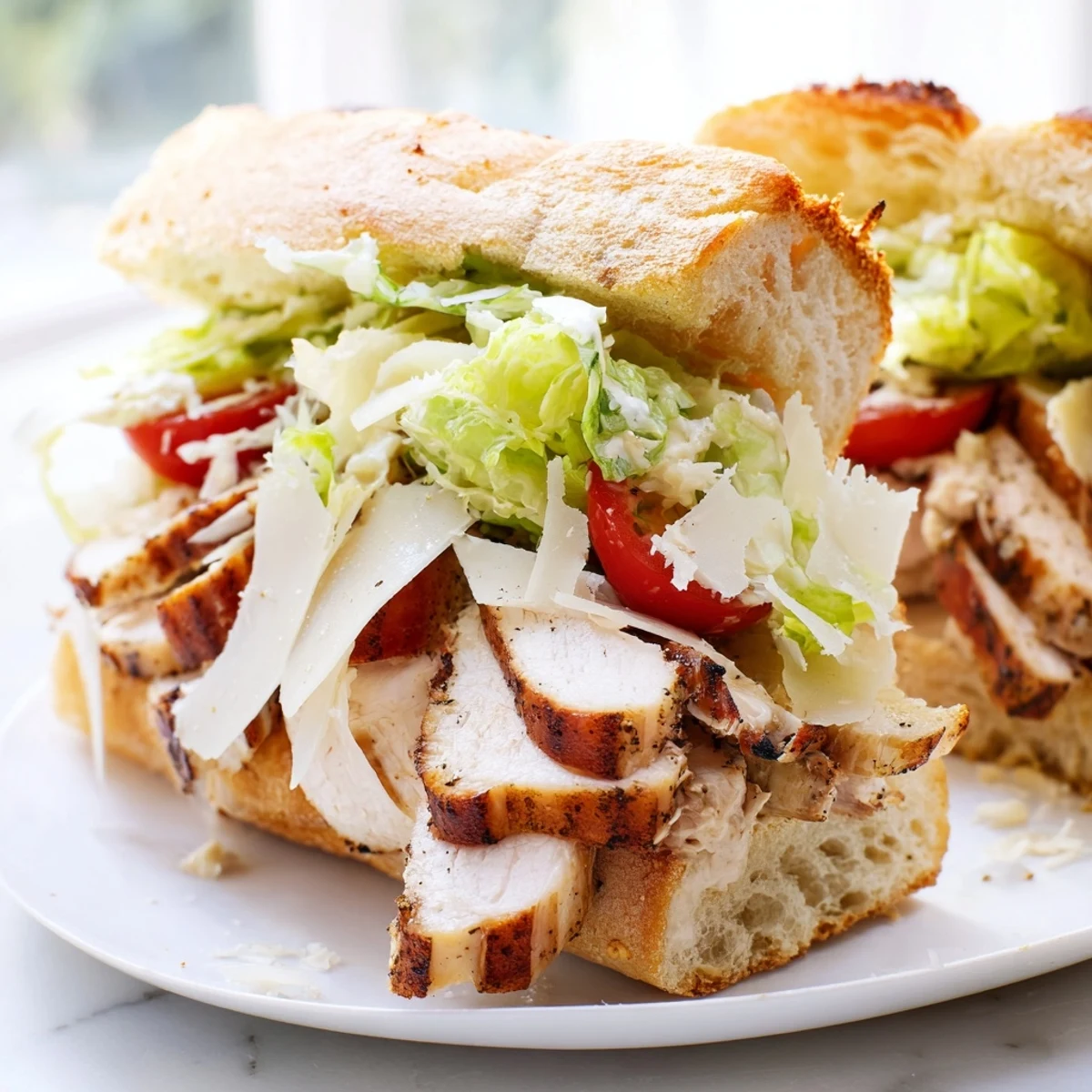 Juicy grilled chicken Caesar sandwich layered with creamy dressing and fresh shredded lettuce